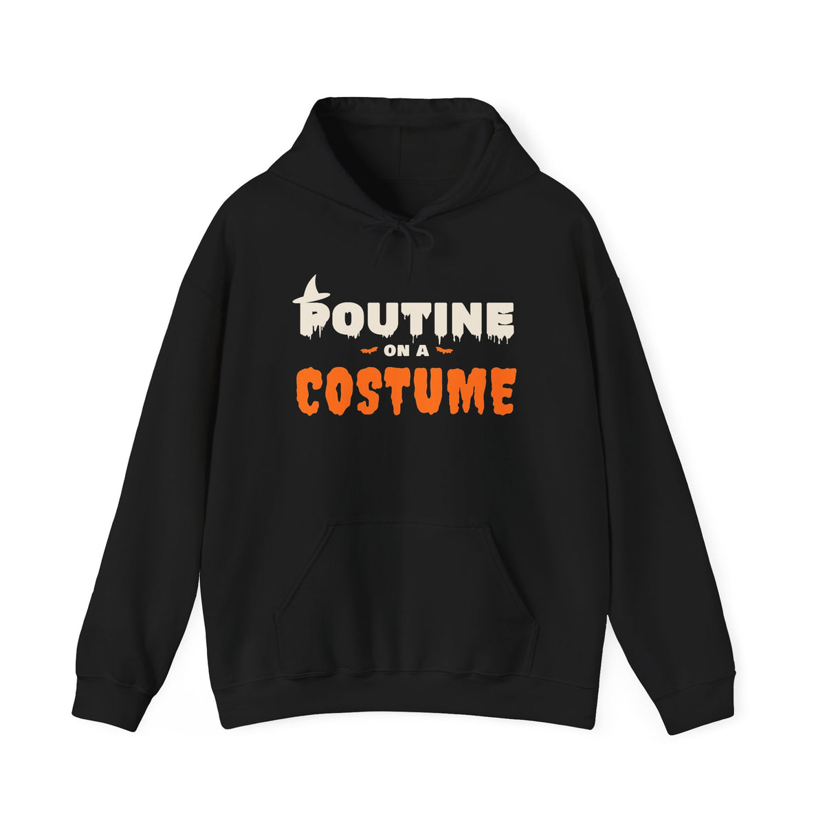 Black hoodie with "Poutine on a Costume" Halloween graphic.