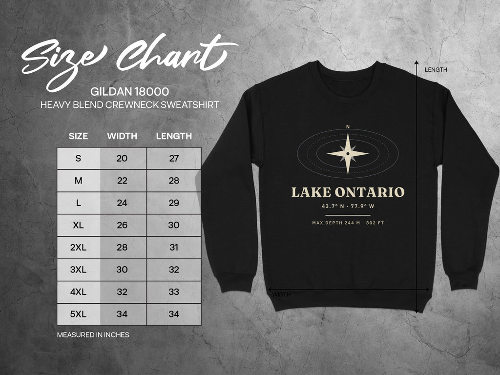Gildan 18000 sweatshirt size chart in inches with dimensions for sizes S through 5XL.