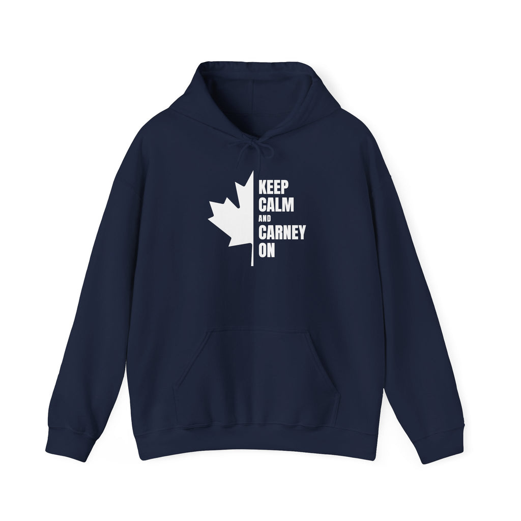 Navy hoodie with white Canadian maple leaf and "KEEP CALM AND CARNEY ON" text.