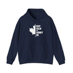 Navy hoodie with white Canadian maple leaf and "KEEP CALM AND CARNEY ON" text.