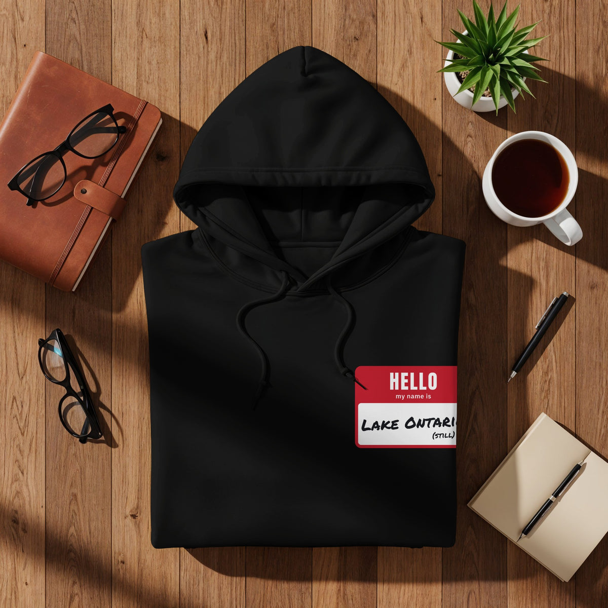 Black hoodie with "HELLO my name is LAKE ONTARI (STILL)" name tag.
