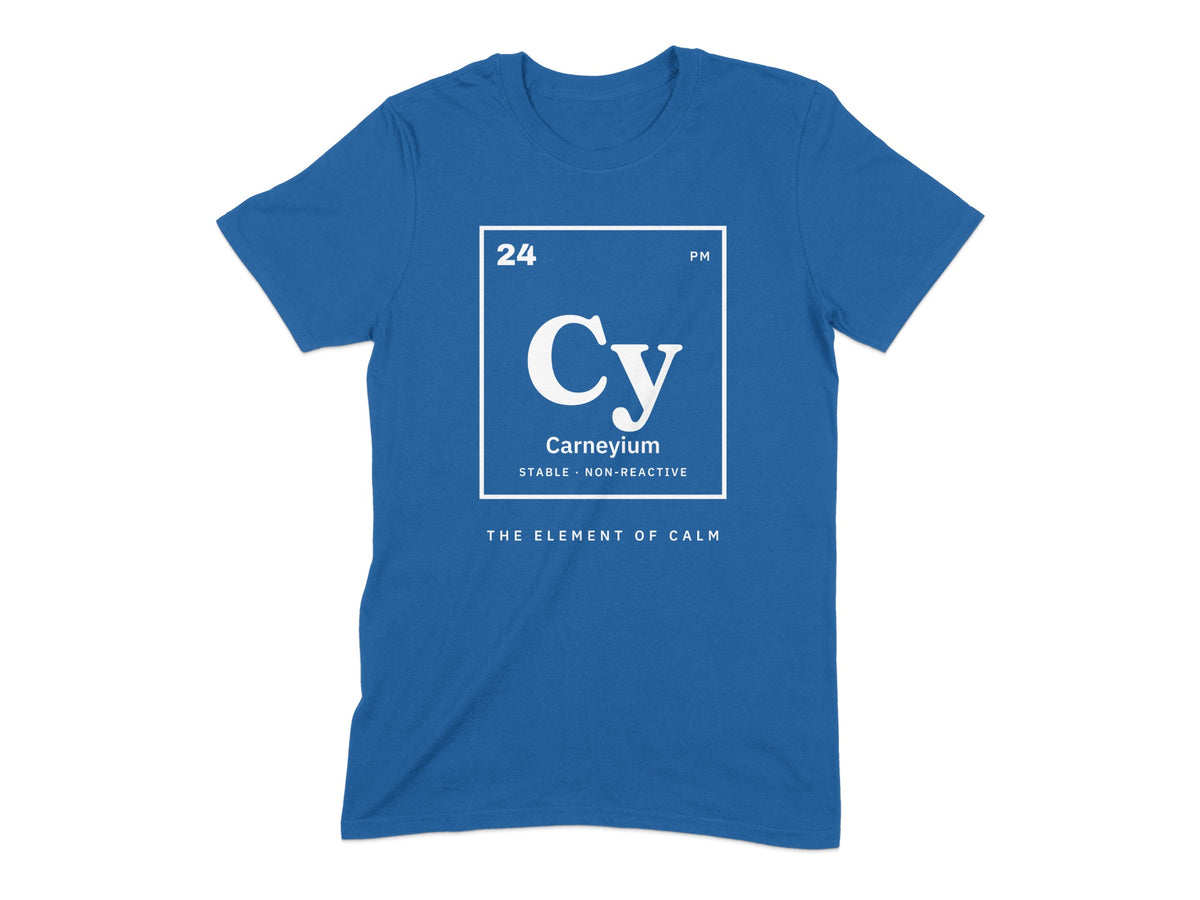 Blue t-shirt with "Carneyium, Stable Non-Reactive" in periodic table format.