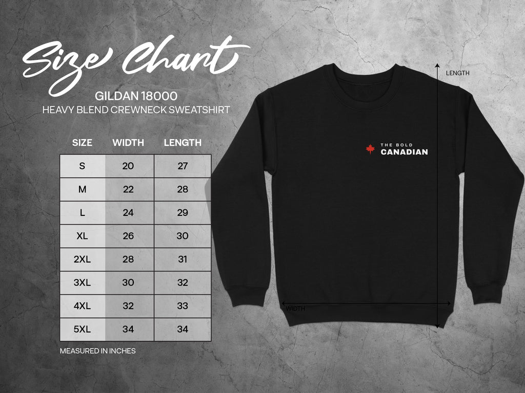 Gildan 18000 sweatshirt size chart with width and length measurements in inches.