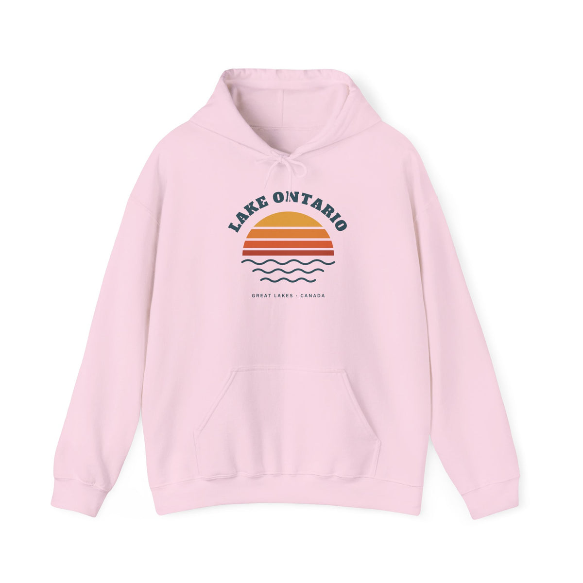 Pink hoodie with "Lake Ontario" text and a sunset over waves graphic.