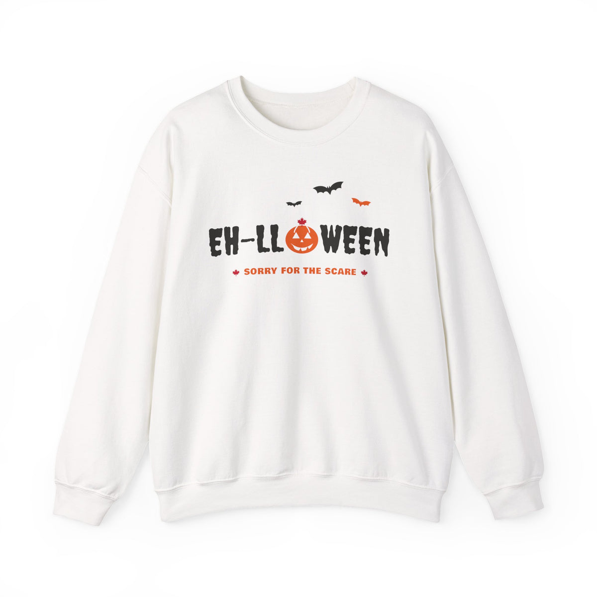 White sweatshirt with "EH-LLOWEEN" text, pumpkin, and bats design.