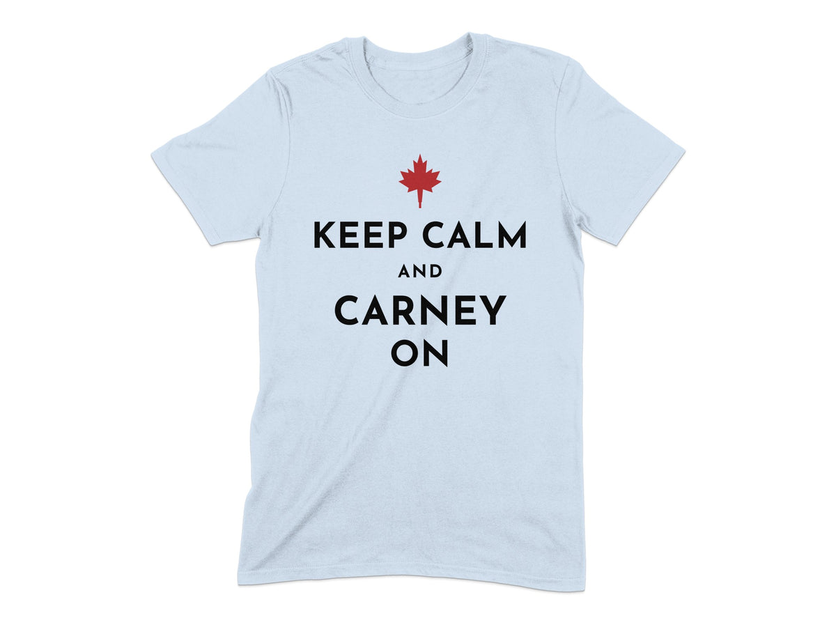 Light blue t-shirt with "Keep Calm and Carney On" and a red maple leaf.