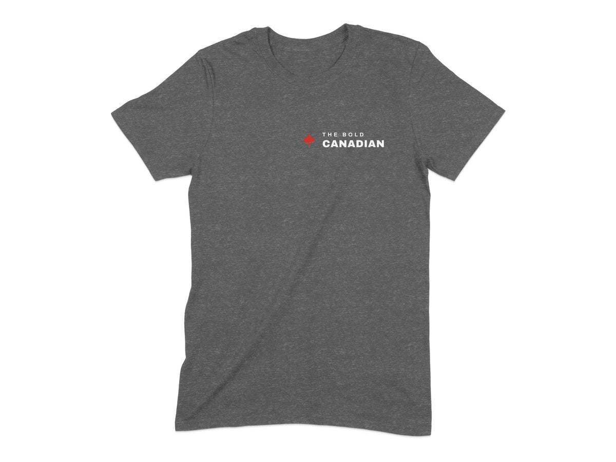 Dark grey t-shirt with red maple leaf and "THE BOLD CANADIAN" text.
