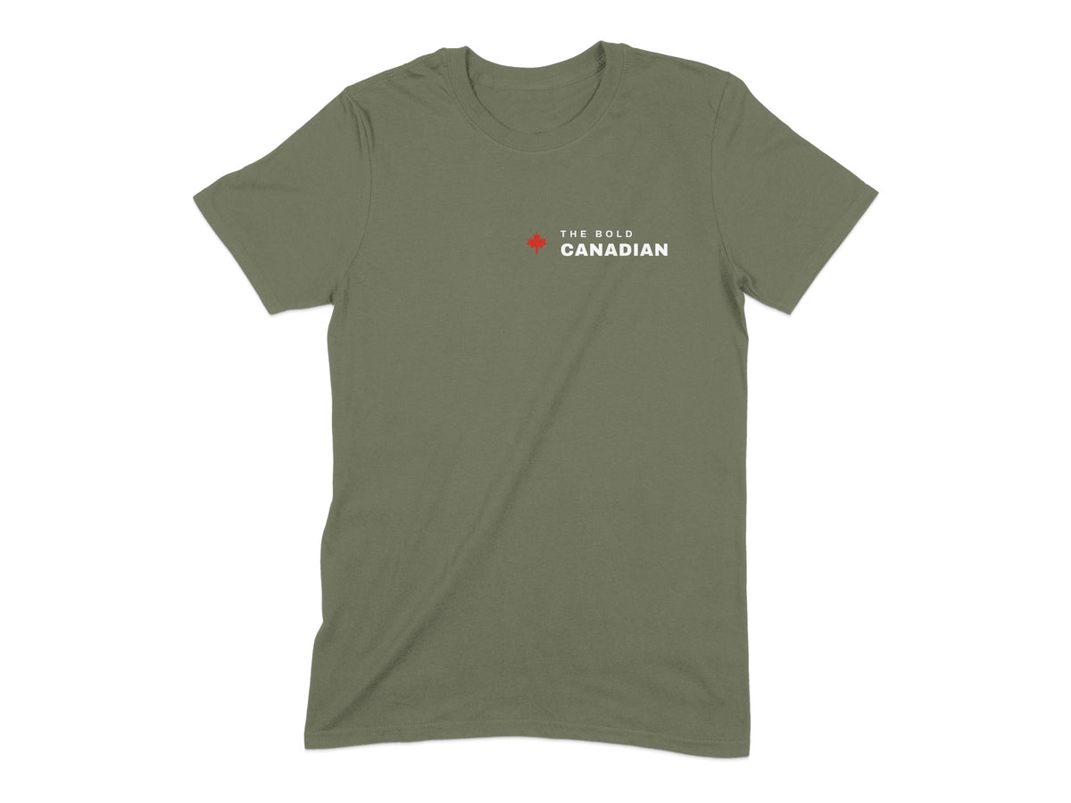 Olive t-shirt with red maple leaf and "The Bold Canadian" text on chest.