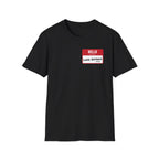 Black t-shirt with a red name tag reading "HELLO LAKE ONTARIO (STILL)".