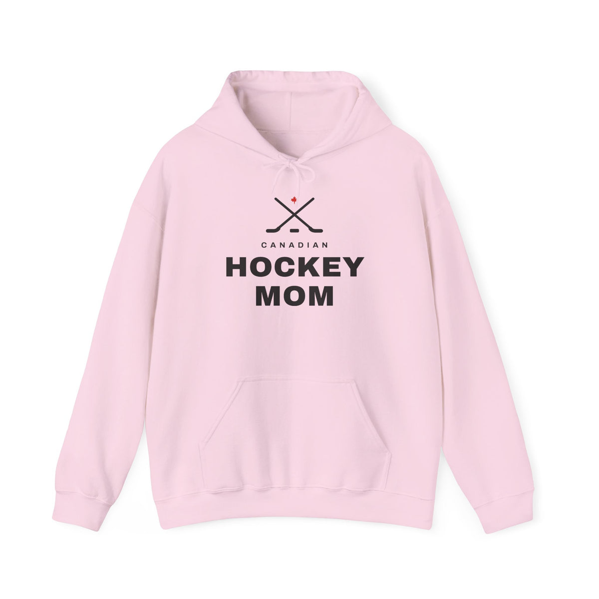 Pink hoodie with crossed hockey sticks and Canadian flag above "HOCKEY MOM" text.