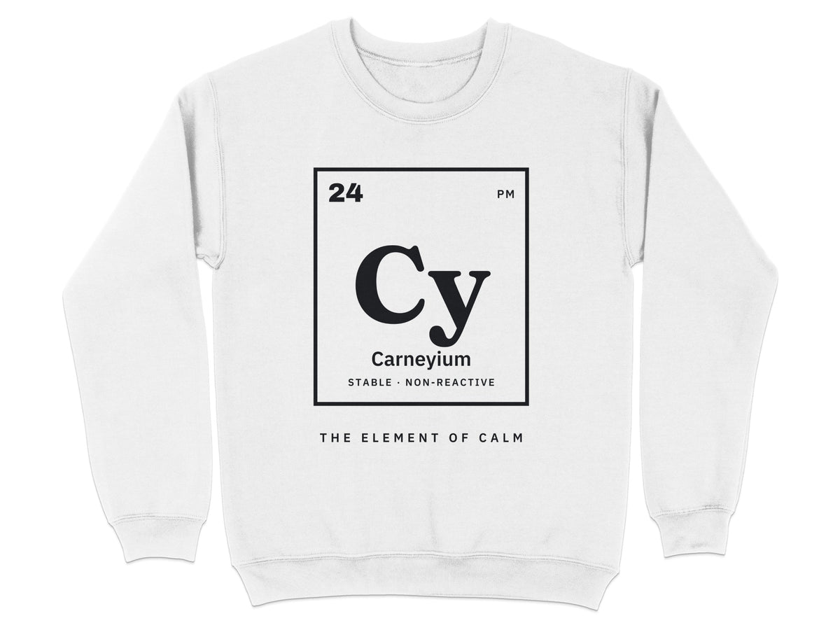 White sweatshirt with "Carneyium" periodic table element graphic and text.