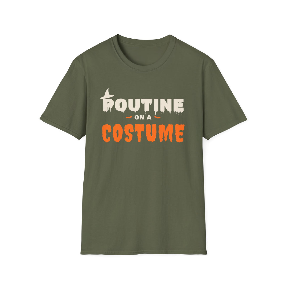 Green t-shirt with "Poutine on a Costume" text in white and orange.