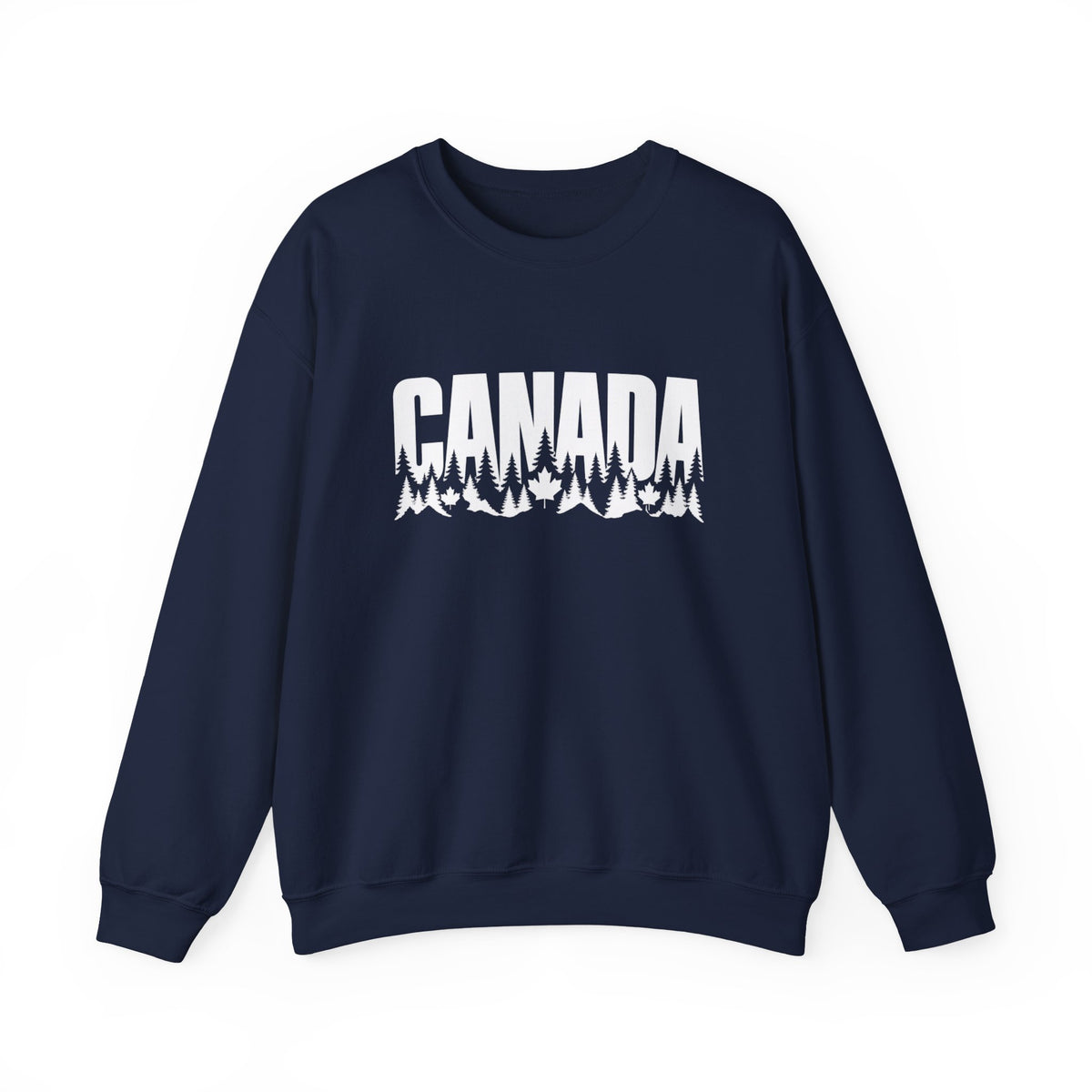 Navy sweatshirt with white "CANADA" text and forest landscape graphic.