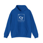 Blue hoodie with a periodic table element graphic: "Carneyium," element 24, "the element of calm."