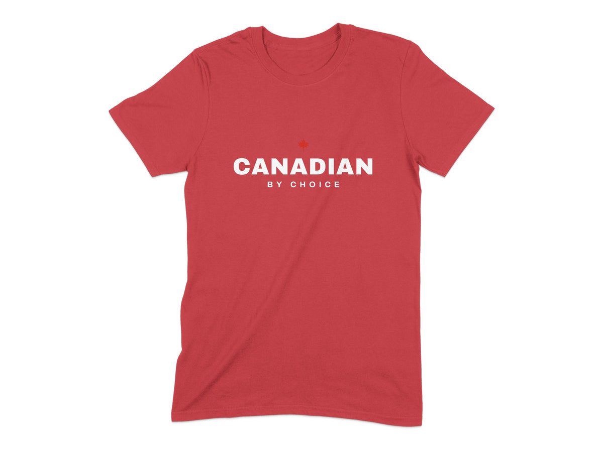 Red t-shirt with "CANADIAN BY CHOICE" and a maple leaf.