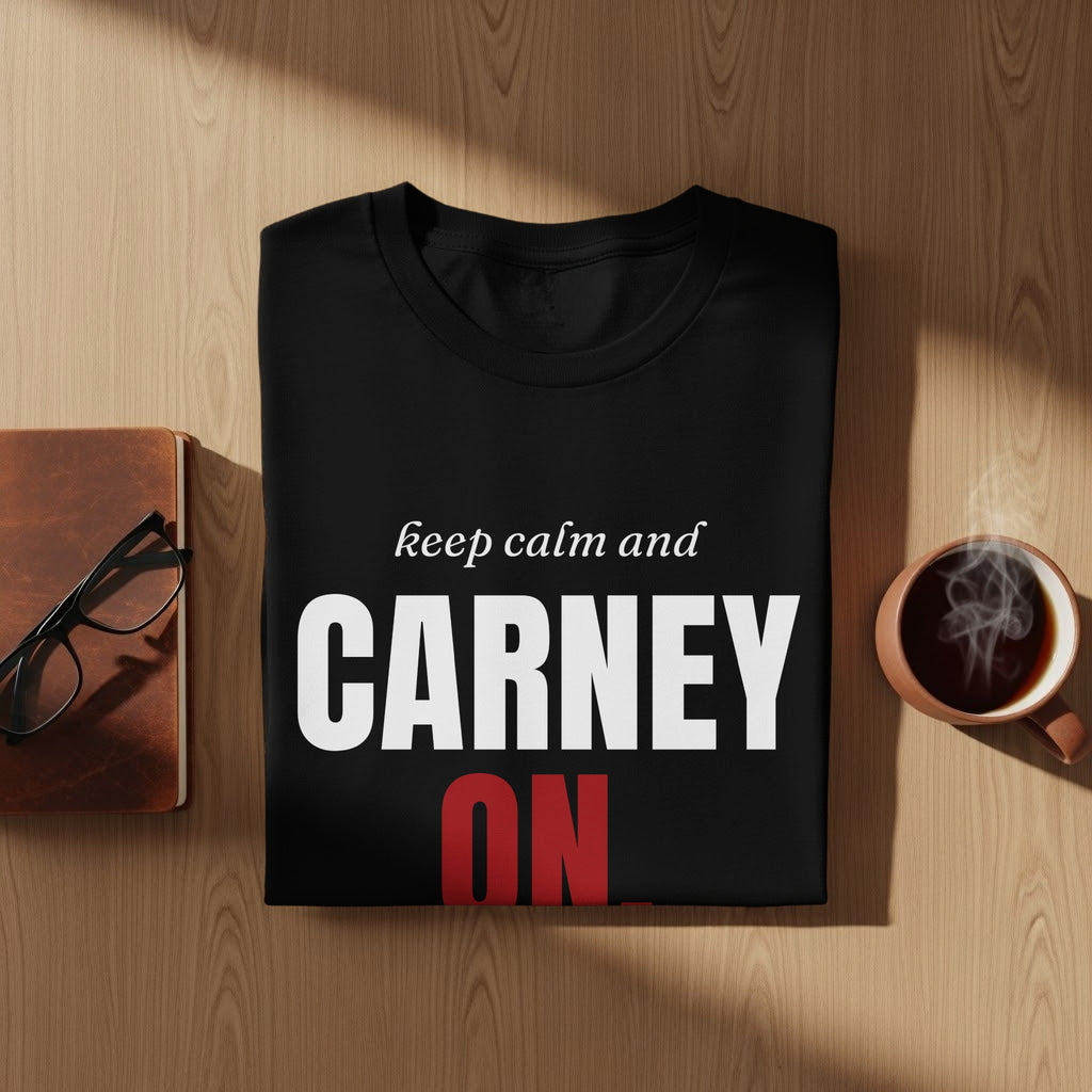 Black t-shirt with "keep calm and CARNEY ON" text, next to a notebook, glasses, and coffee.