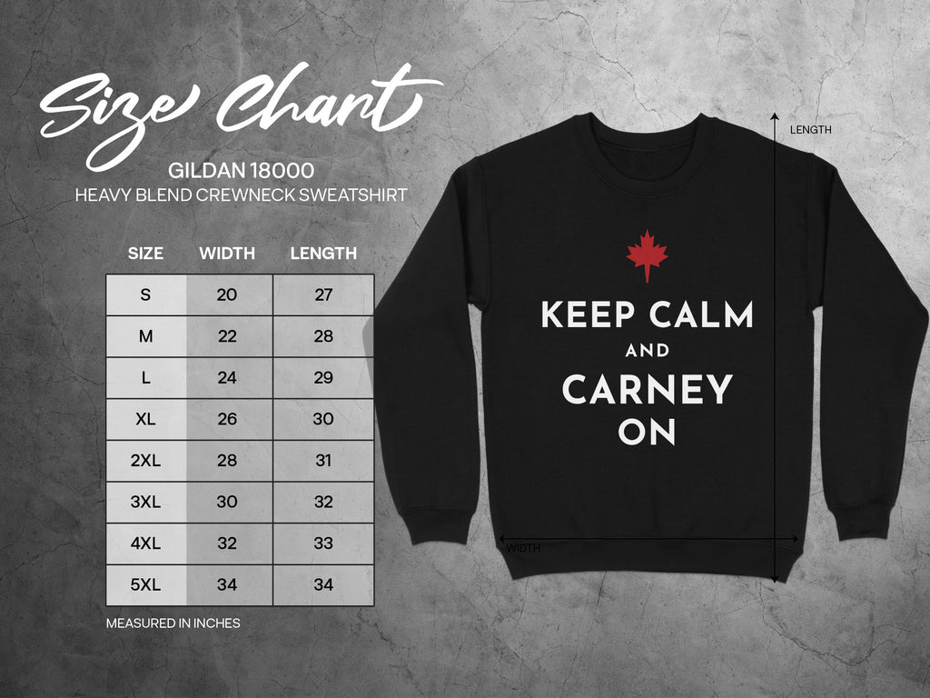 Gildan 18000 sweatshirt size chart with measurements in inches.