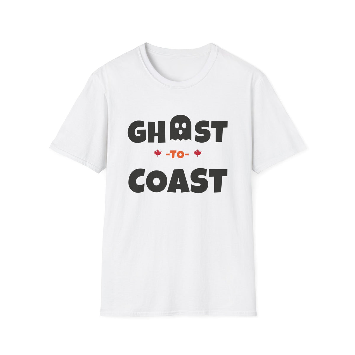White t-shirt with black text "Ghost-To-Coast" and a ghost icon.