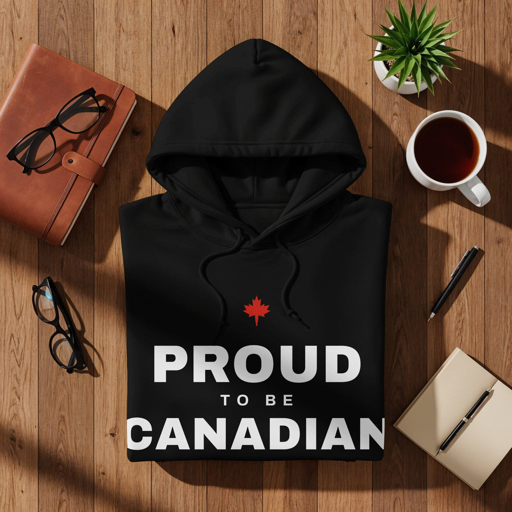 Black hoodie with "Proud to be Canadian" text and a red maple leaf.