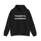 Black hoodie with "Thankful to be Canadian" text and a red maple leaf.