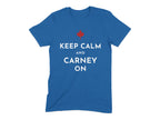 Blue t-shirt with Keep Calm and Carney On text and red maple leaf.