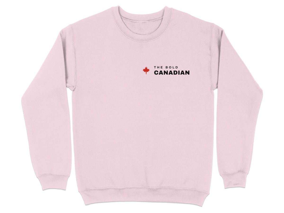 Pink sweatshirt with "THE BOLD CANADIAN" and a maple leaf logo.