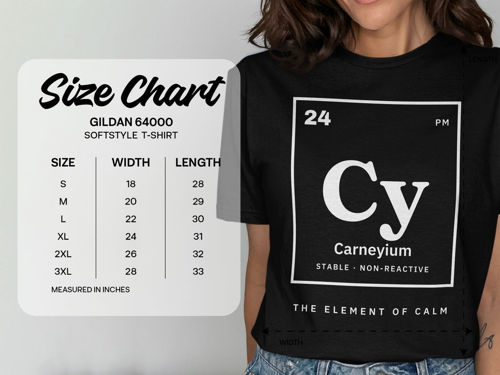 Gildan 64000 softstyle t-shirt size chart with element graphic.