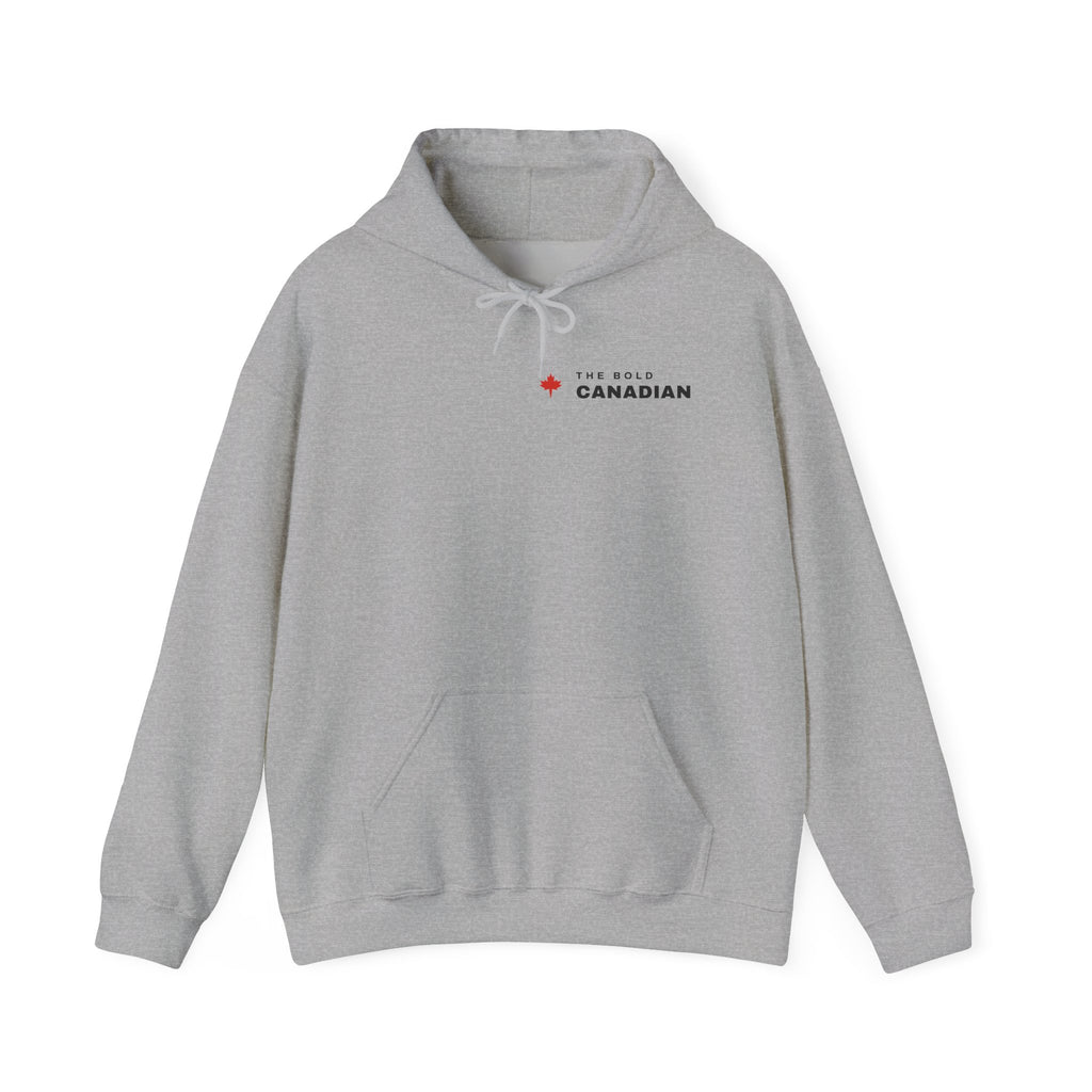 Grey heather hoodie with "The Bold Canadian" text and a red maple leaf logo.