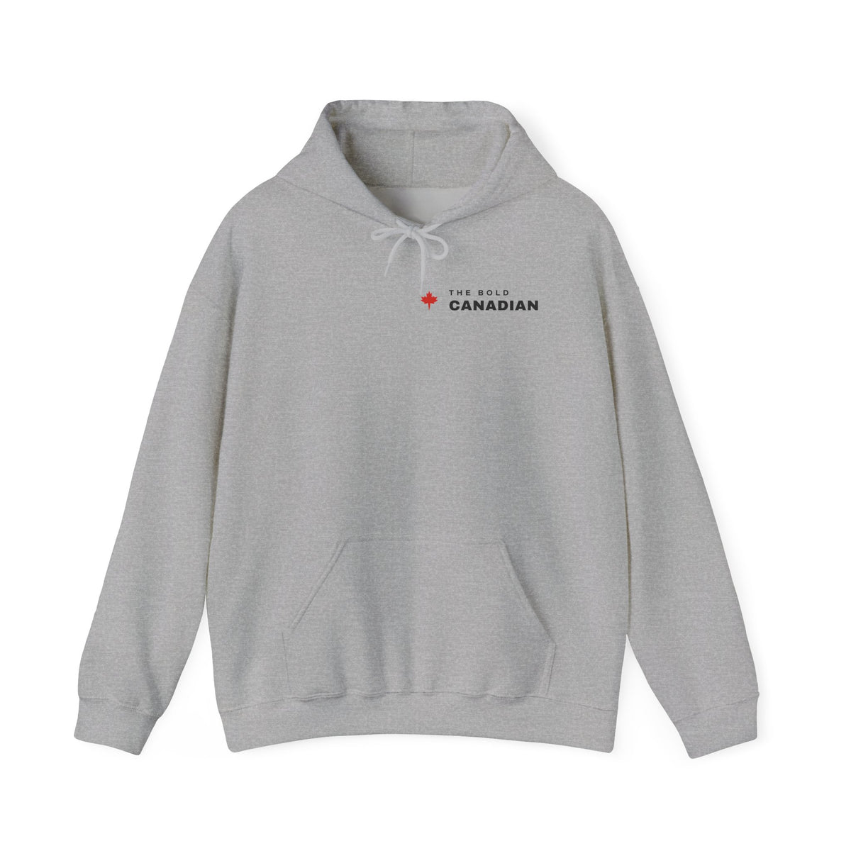 Grey heather hoodie with "The Bold Canadian" text and a red maple leaf logo.