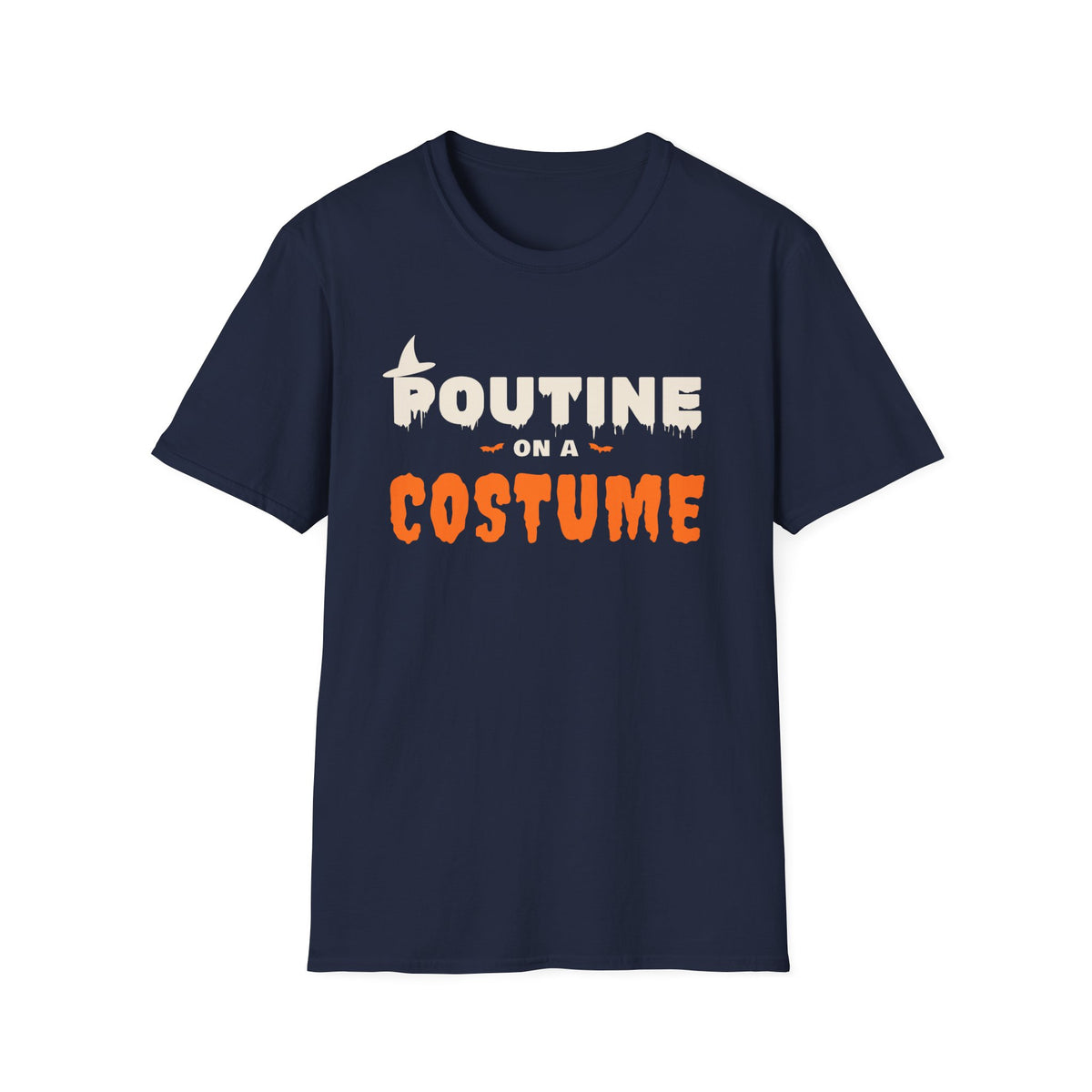 Navy t-shirt with "Poutine on a Costume" Halloween graphic.