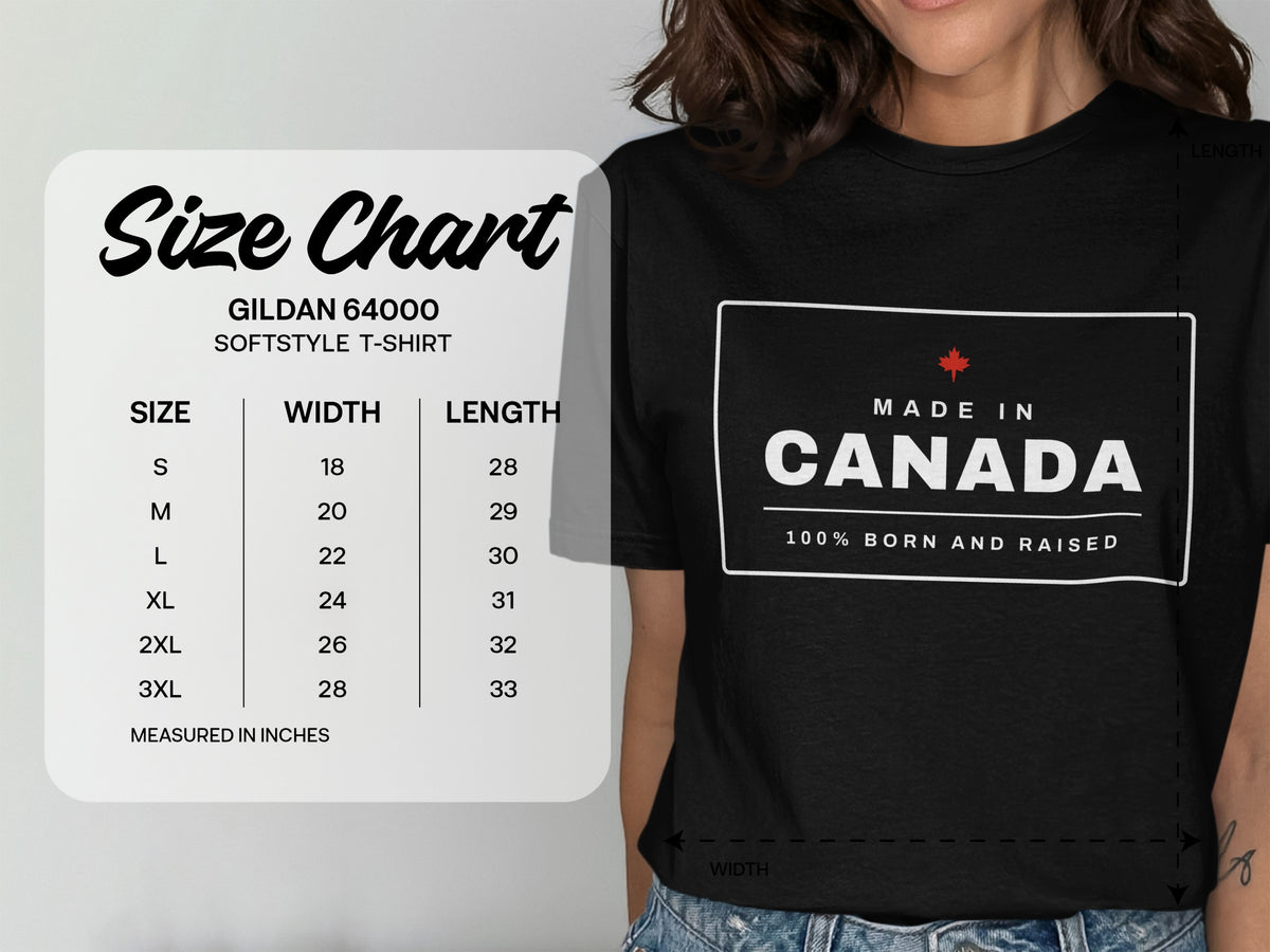 Gildan 64000 Softstyle t-shirt size chart with width and length in inches.