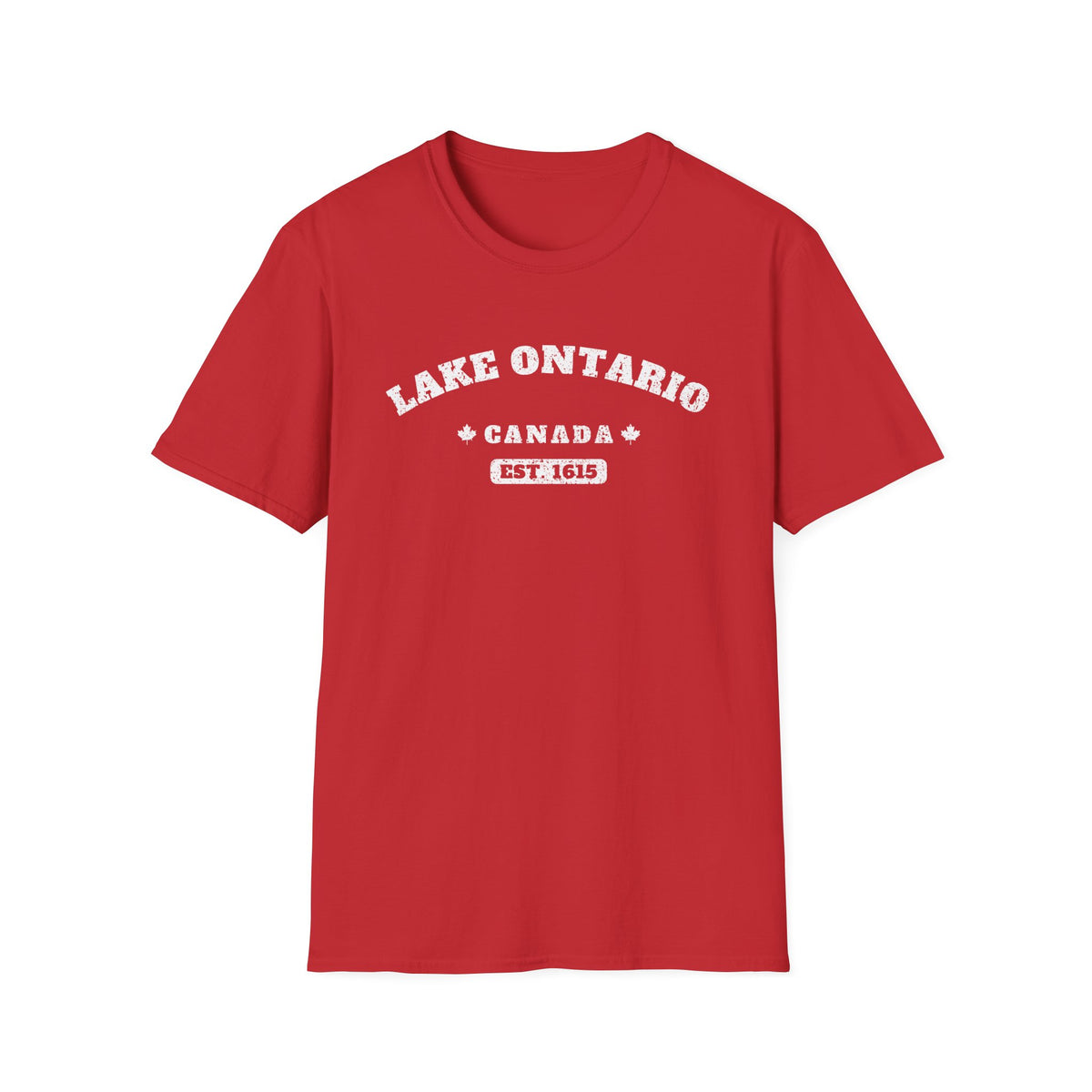 Red t-shirt with "Lake Ontario Canada Est. 1615" text design.