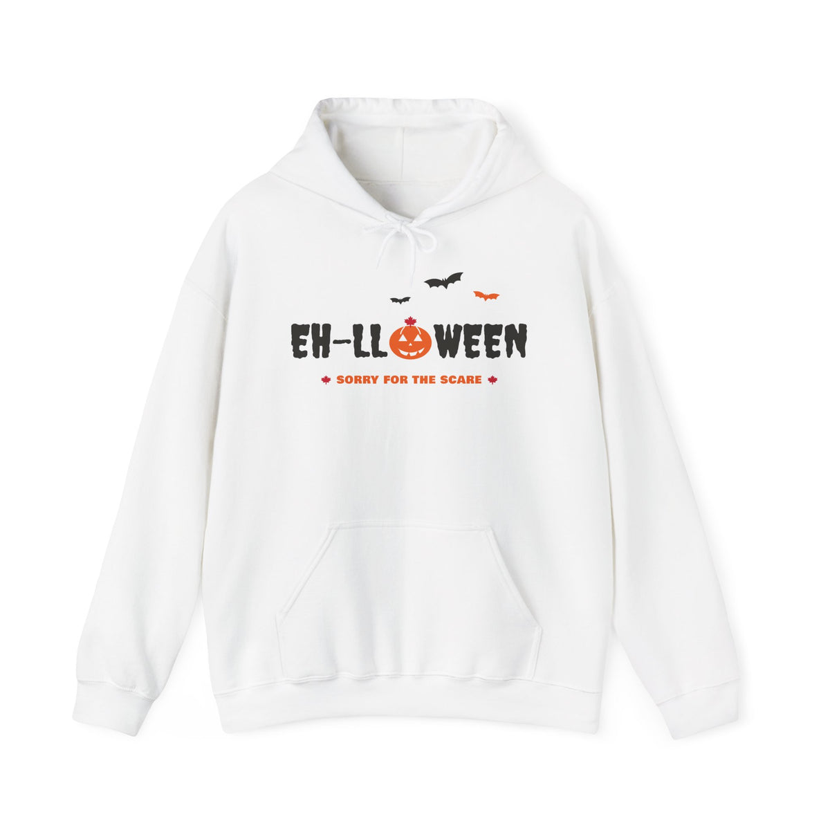 White hoodie with "EH-LL O WEEN" text and Halloween bats.