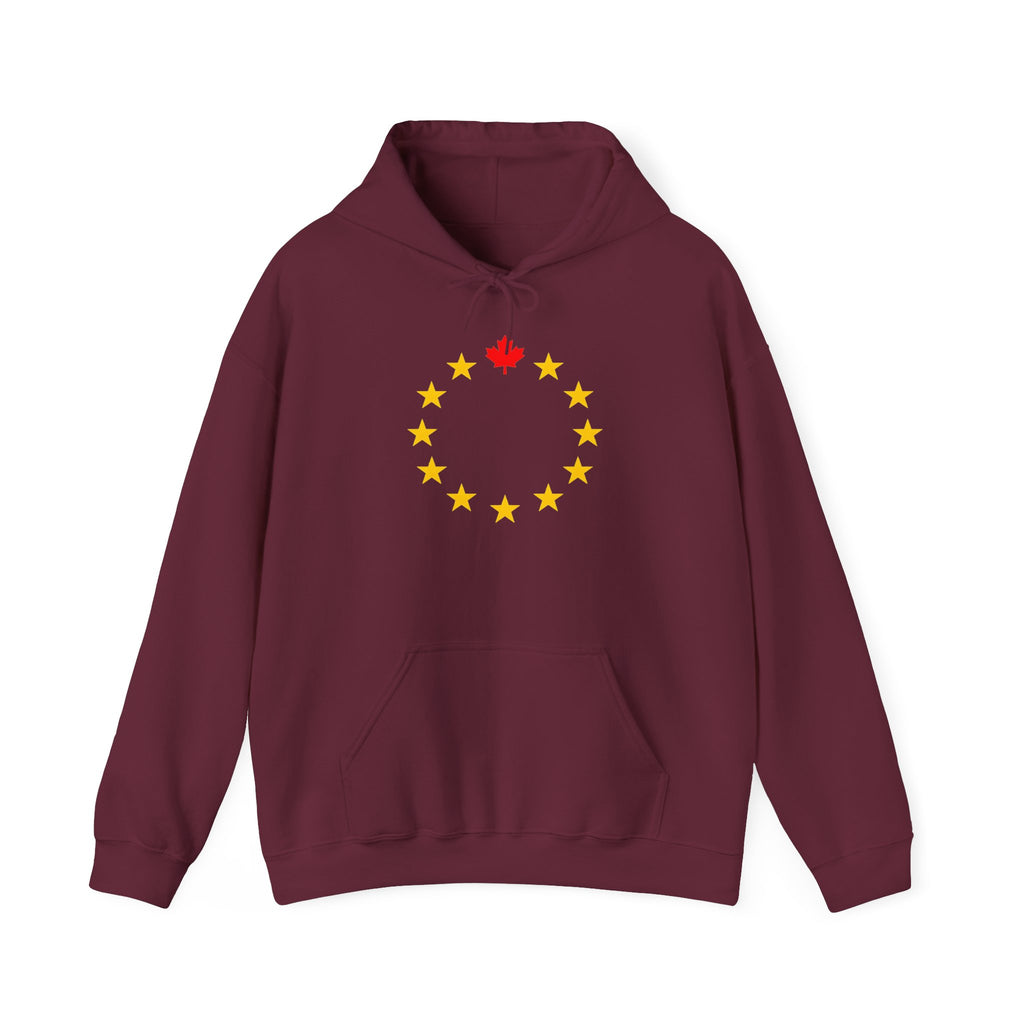 Maroon hoodie with circular design of yellow stars and a red maple leaf.
