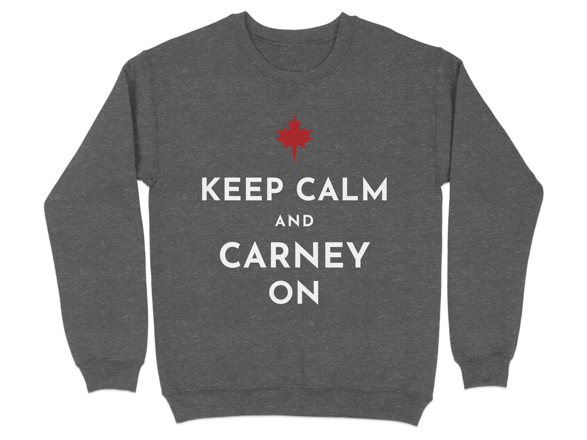 Dark grey crewneck sweatshirt with red maple leaf and "Keep Calm and Carney On" text.