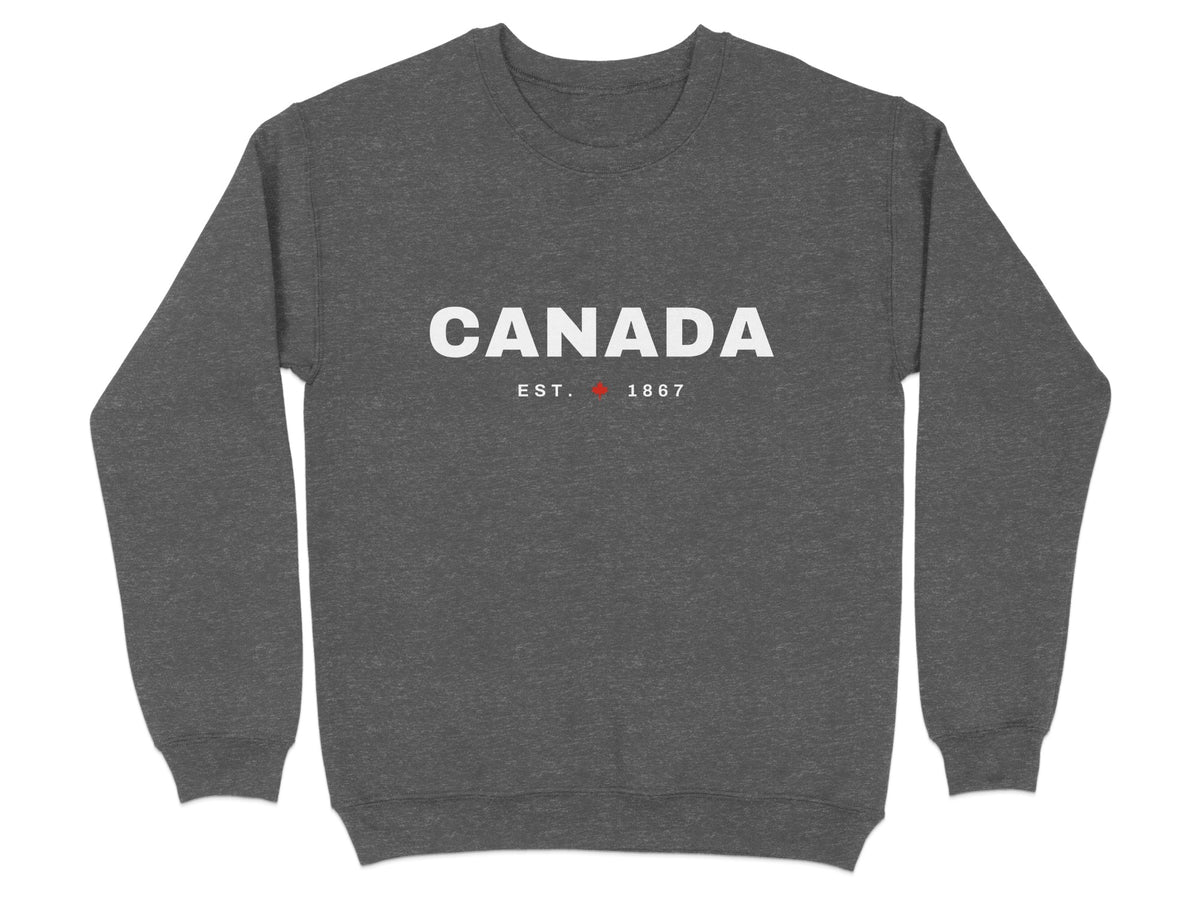 Dark grey sweatshirt with white "CANADA EST. 1867" text and a red dot.