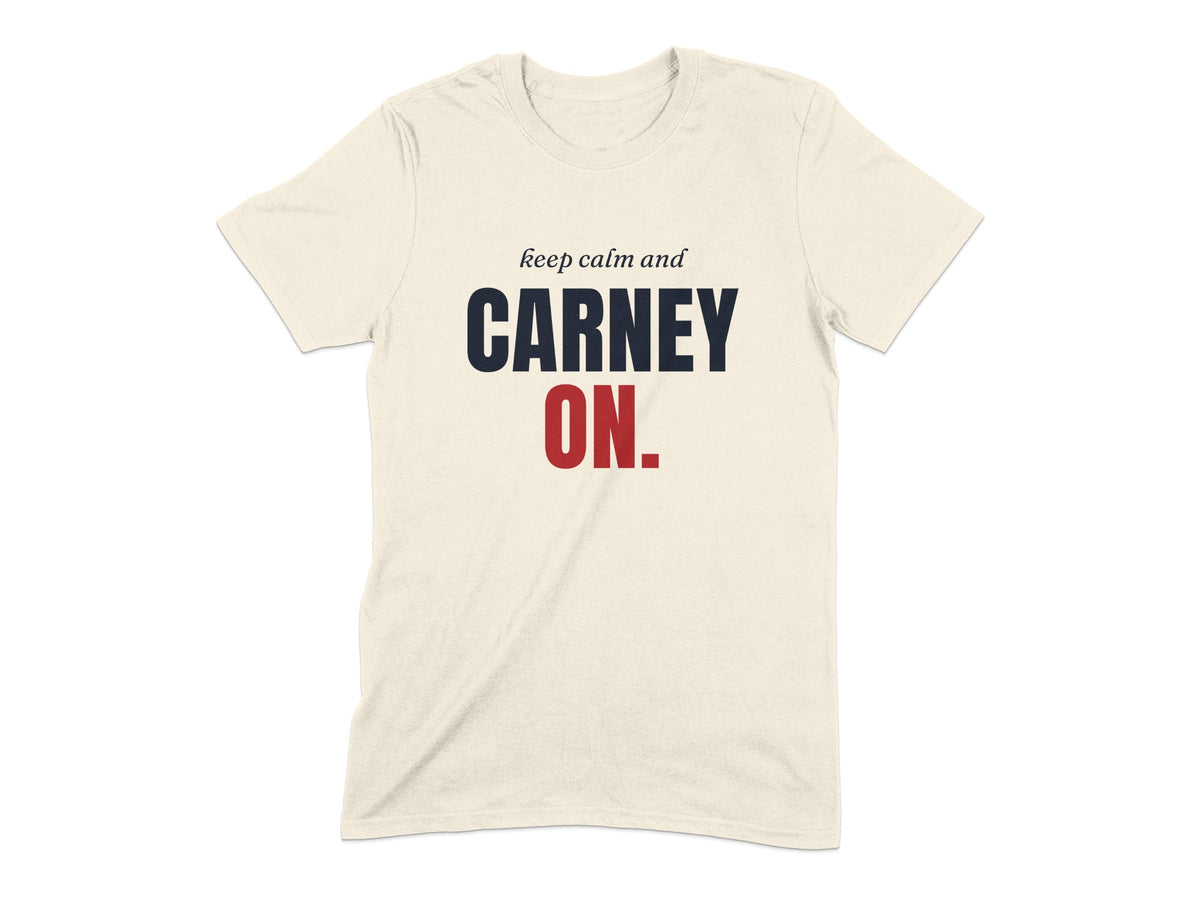 Cream t-shirt with "keep calm and CARNEY ON." text in navy and red.