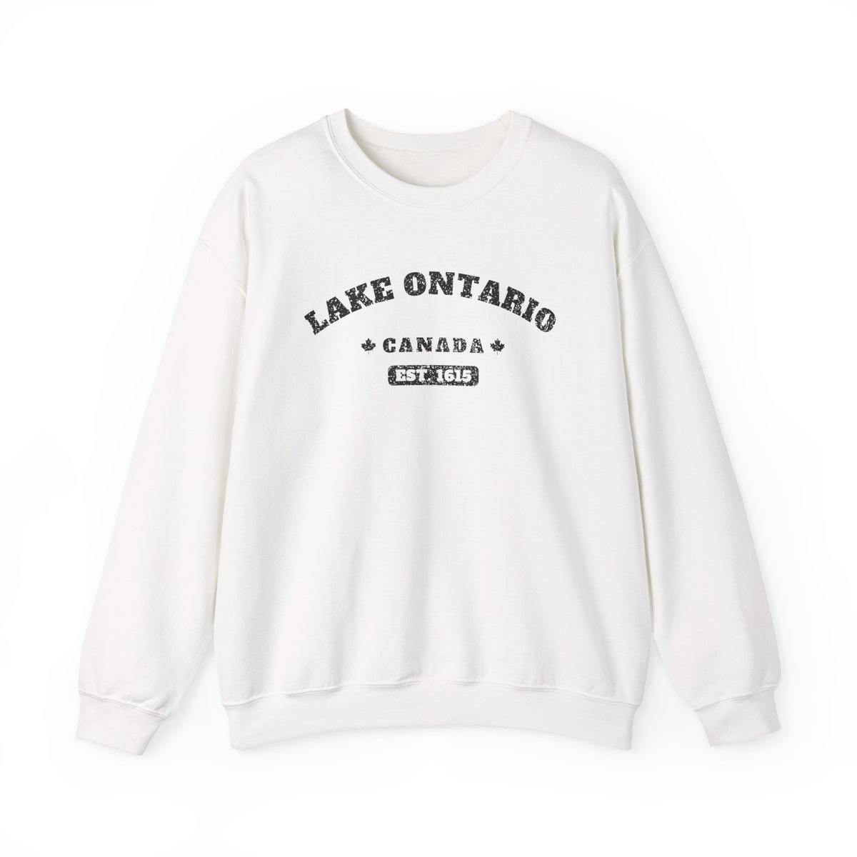 White crewneck sweatshirt with "Lake Ontario Canada Est. 1615" text.