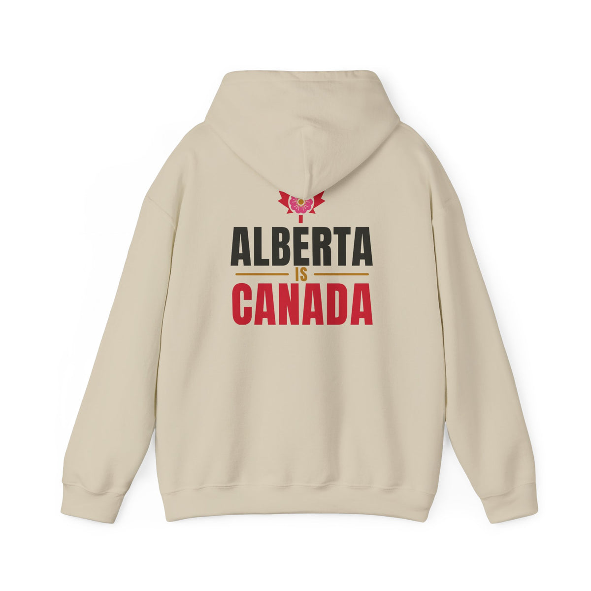 Cream hoodie with "Alberta is Canada" text and a red and pink ribbon emblem.