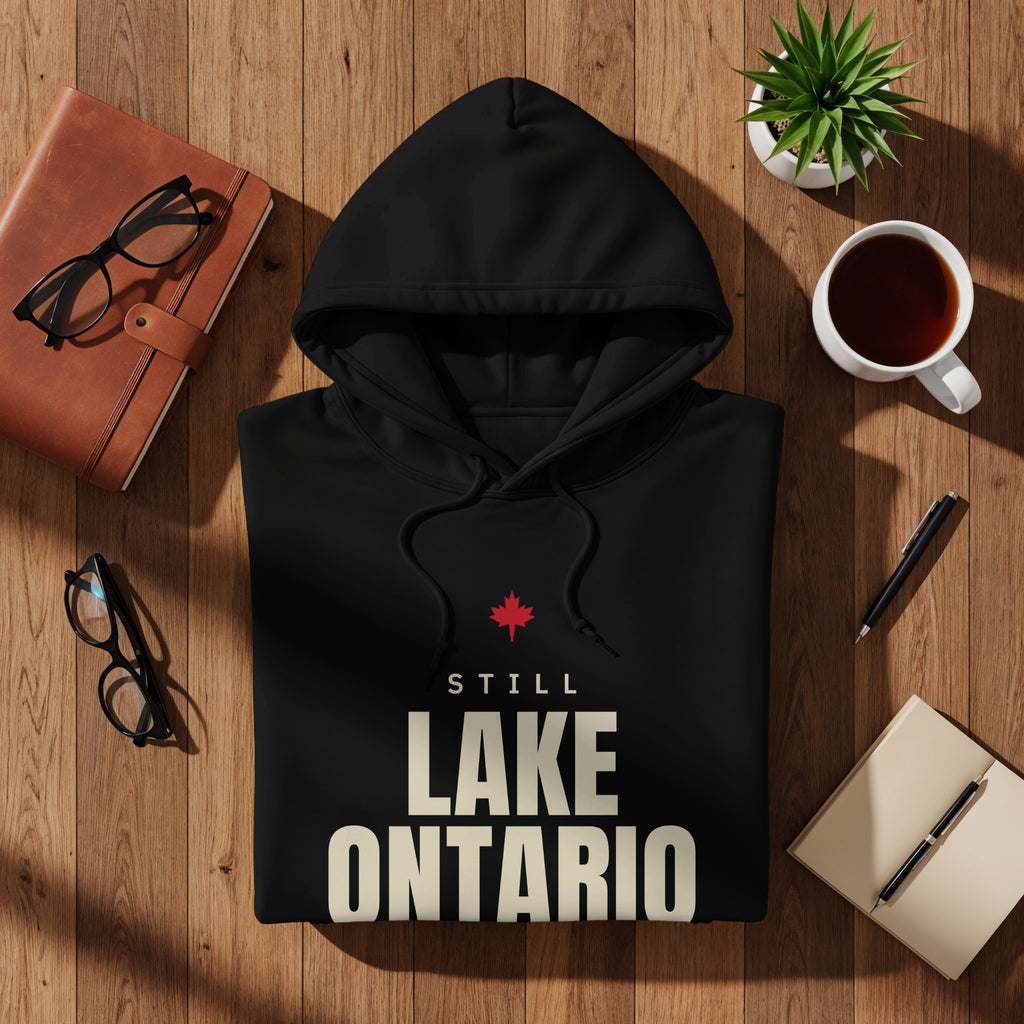 Black hoodie with "Still Lake Ontario" text and a red maple leaf emblem.