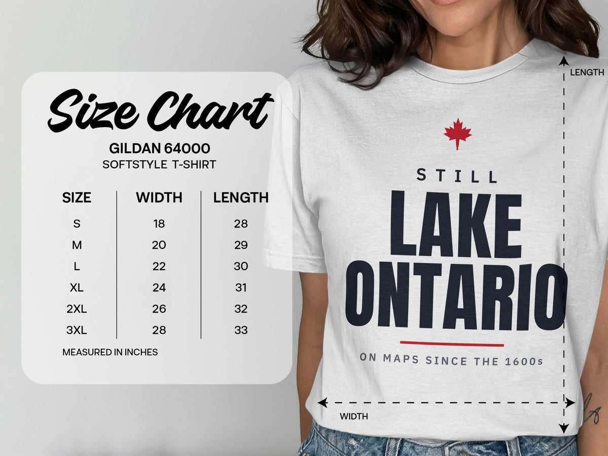 Gildan 64000 Softstyle T-shirt size chart with width and length measurements.
