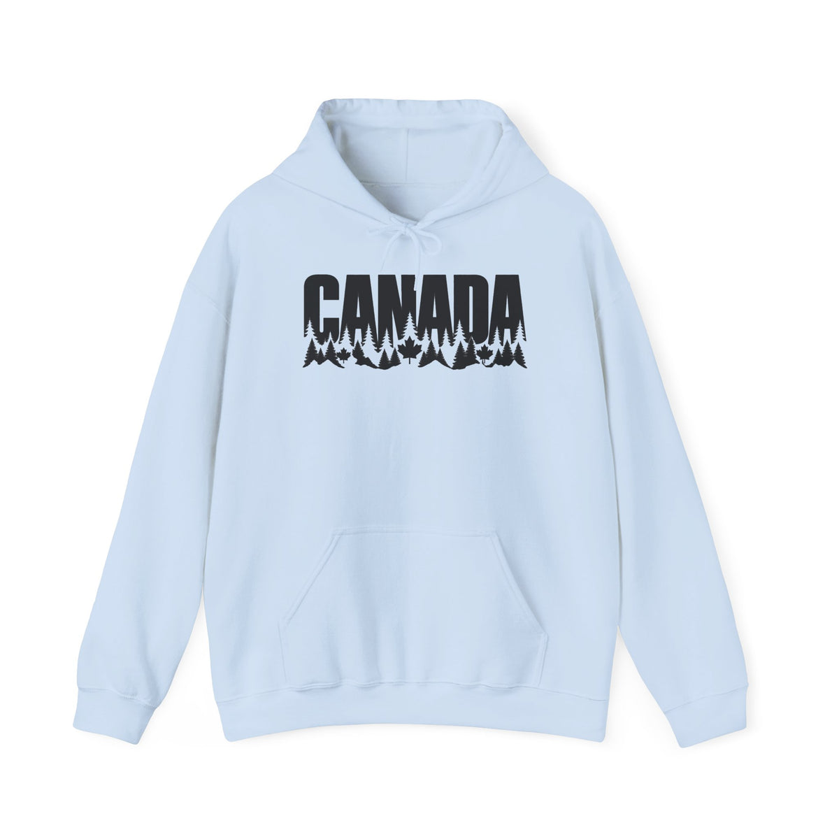 Light blue hoodie with black "CANADA" text over a forest and maple leaf silhouette.