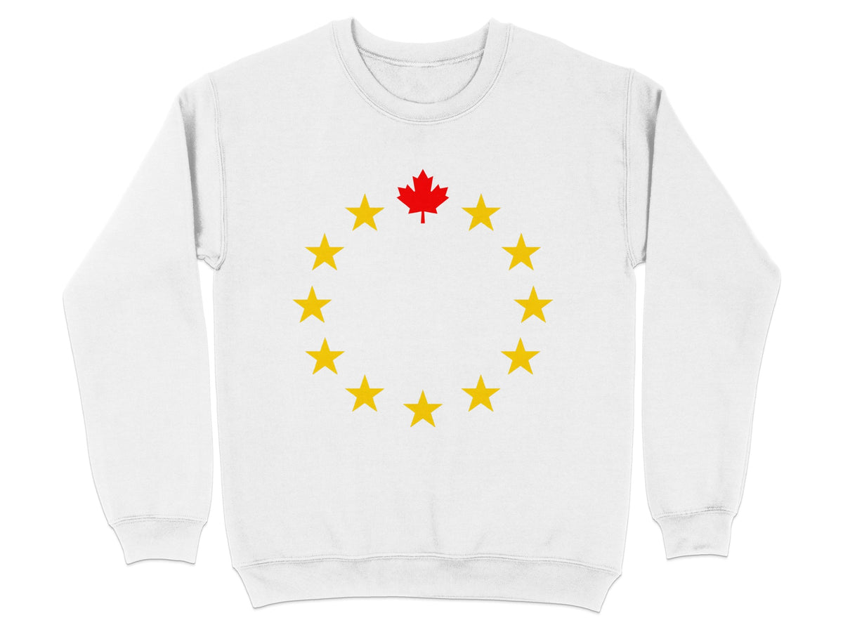 White sweatshirt with a circle of yellow stars and a red maple leaf.