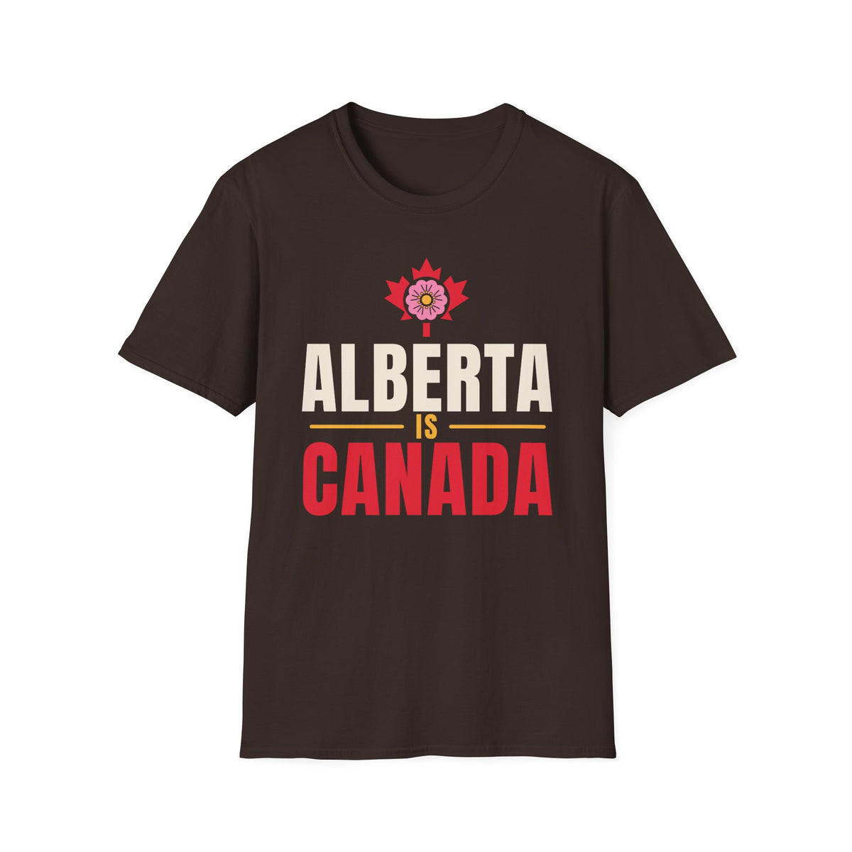 Dark brown t-shirt with "Alberta is Canada" text and Alberta wild rose emblem.