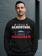 Black sweatshirt with "Proud Albertan, Proud Canadian" text and graphics.