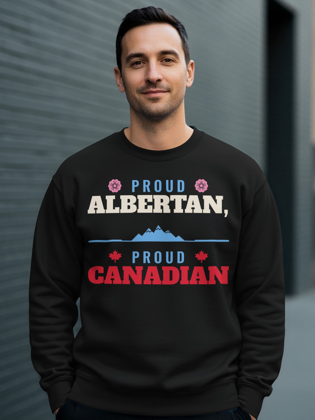 Black sweatshirt with "Proud Albertan, Proud Canadian" text and graphics.