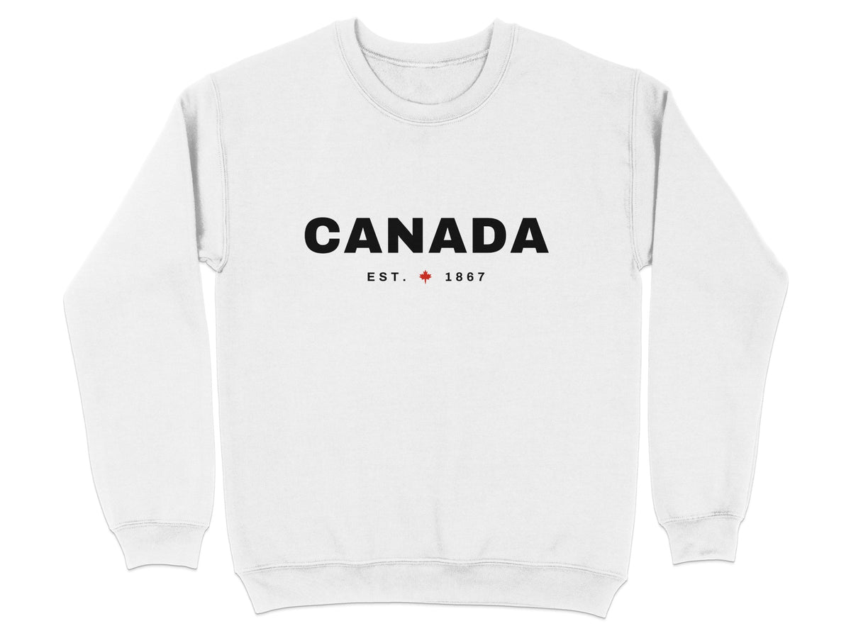 White crewneck sweatshirt with "CANADA EST. 1867" and a red maple leaf.