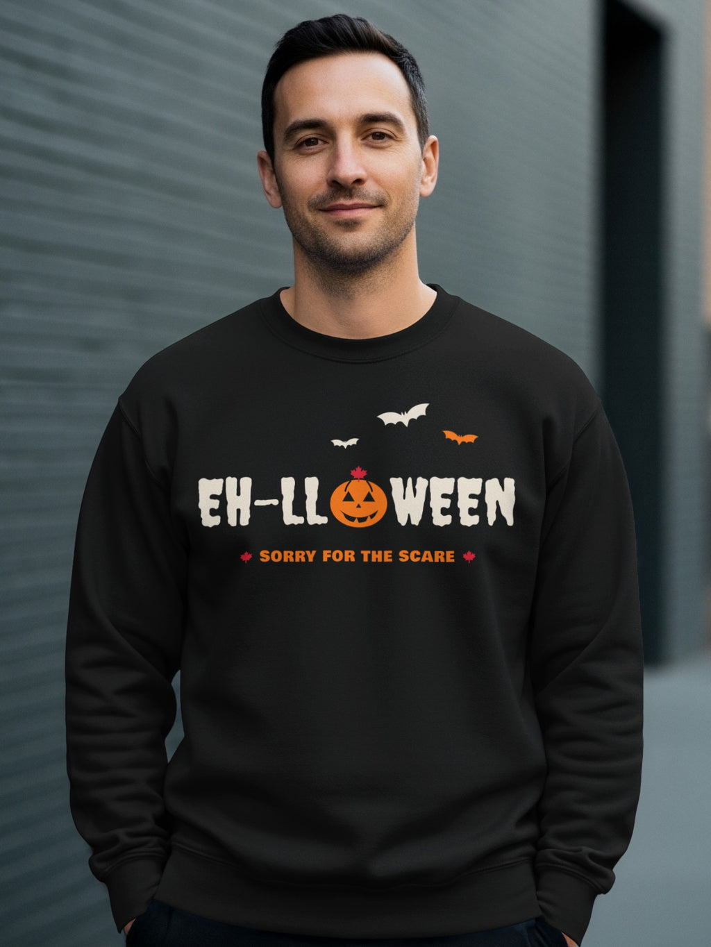 Black sweatshirt with "EH-LL OWEEN" text, pumpkin, and bats.