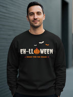 Black sweatshirt with "EH-LL OWEEN" text, pumpkin, and bats.