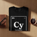 Black t-shirt with periodic table element "Cy" for Carneum, atomic number 24.